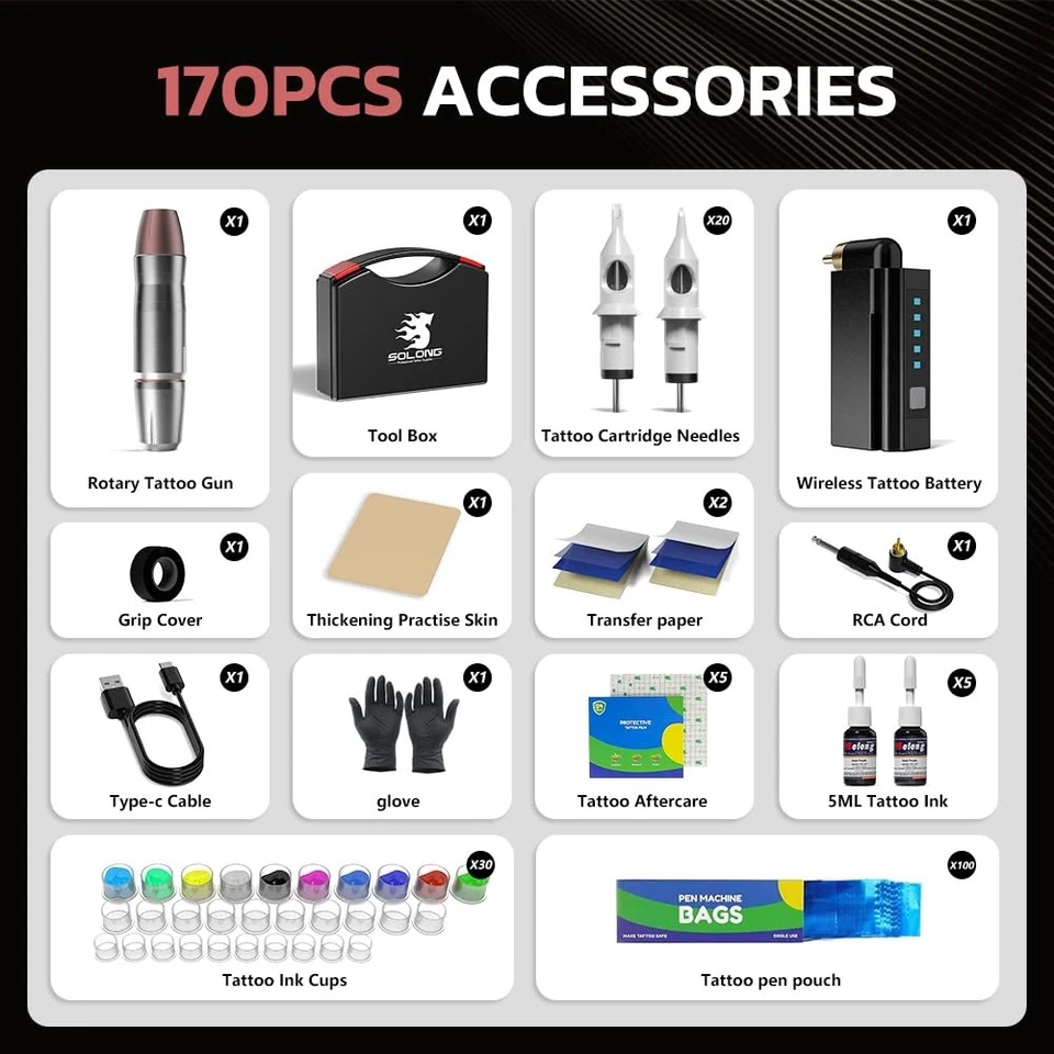 Pistola de tatuaje inalámbrica, kit de batería de tatuaje Solong 1500 mAH, plateada  Foto 2 de 4