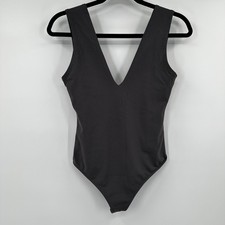Intimately Free People Deep V Neck Bodysuit Dark Gray Small Contemporary Sleek