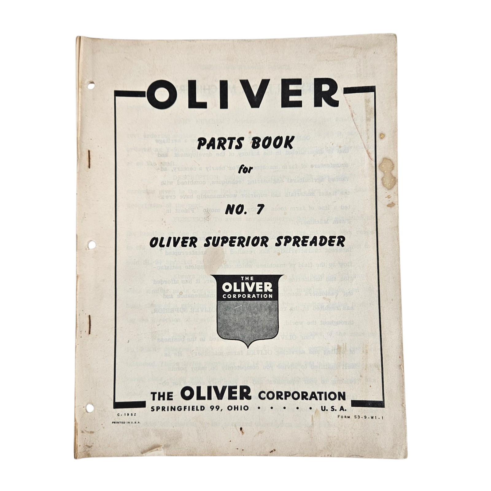 Oliver Parts Book for No. 7 Oliver Superior Spreader Form S3-9-W1-1 Orig Print