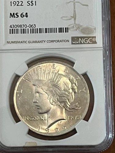 1922 $1 NGC MS 64 Peace Silver Dollar, Better Date, Original Uncirculated Coin
