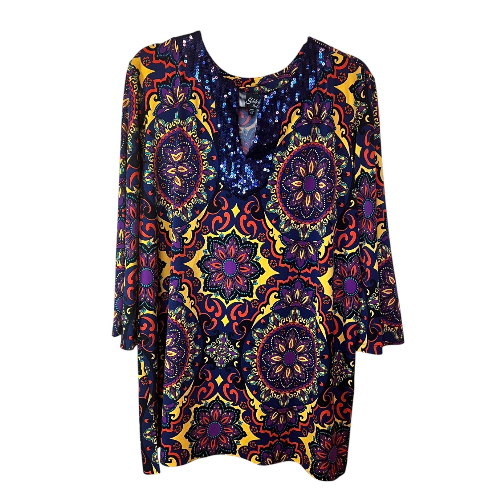 Slinky Boho Mandala Sequin Tunic Top USA Made Retro Style
