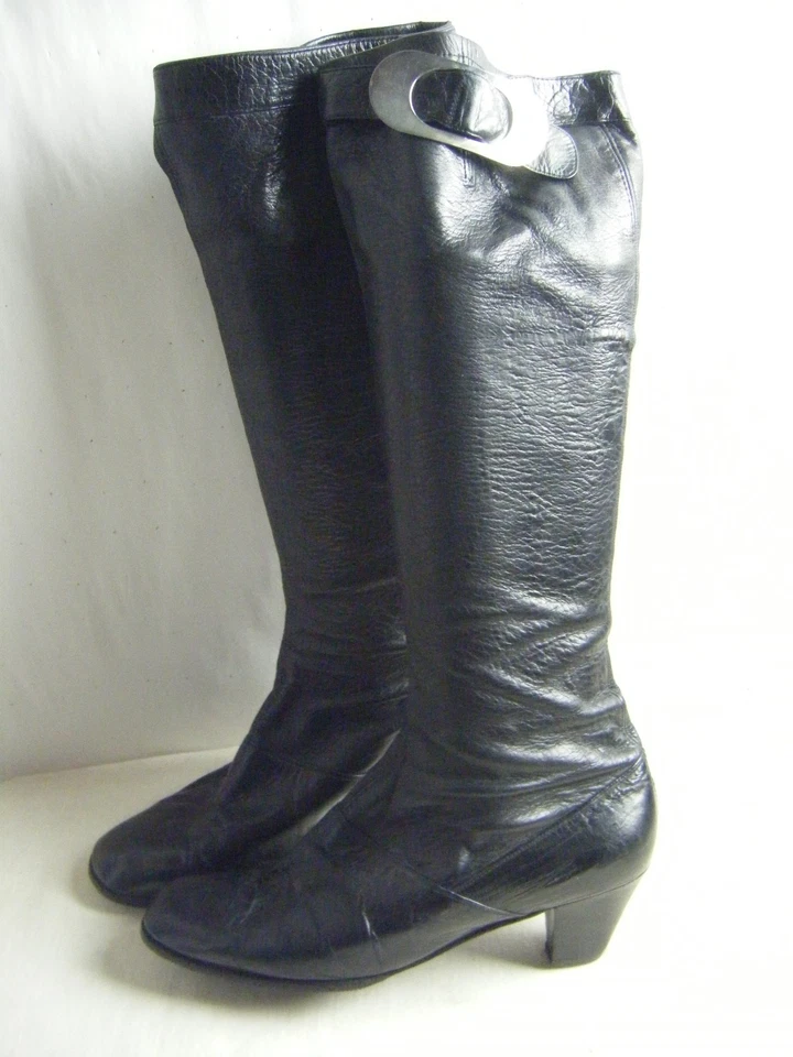 CLAMS винтажный 60-70-х черный мягкой кожи пойти высокий пряжки ботинки размер 6,5-7 М - Изображение 2 из 4