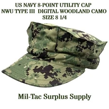 US NAVY 8-POINT UTILITY CAP  NWU TYPE III  DIGITAL WOODLAND  CAMO, SIZE 8 1/4