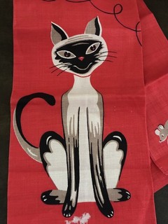 Mid Century Vintage Linen Tall Siamese Cat Towel w/Mice Partial Label NOS