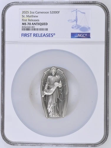 2 Oz Silver Coin 2025 Cameroon St. Matthew Antiqued High Relief NGC MS 70 POP 4