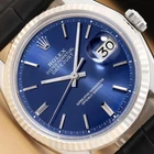 ROLEX MENS DATEJUST 1601 18K WHITE GOLD STEEL BLUE DIAL DIAL BLACK LEATHER WATCH