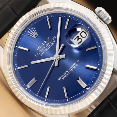 ROLEX MENS DATEJUST 1601 18K WHITE GOLD STEEL BLUE DIAL DIAL BLACK LEATHER WATCH