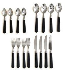 GIBSON Stainless Flatware Set of 16 BLACK HANDLE 4 PLACE SETTING EUC
