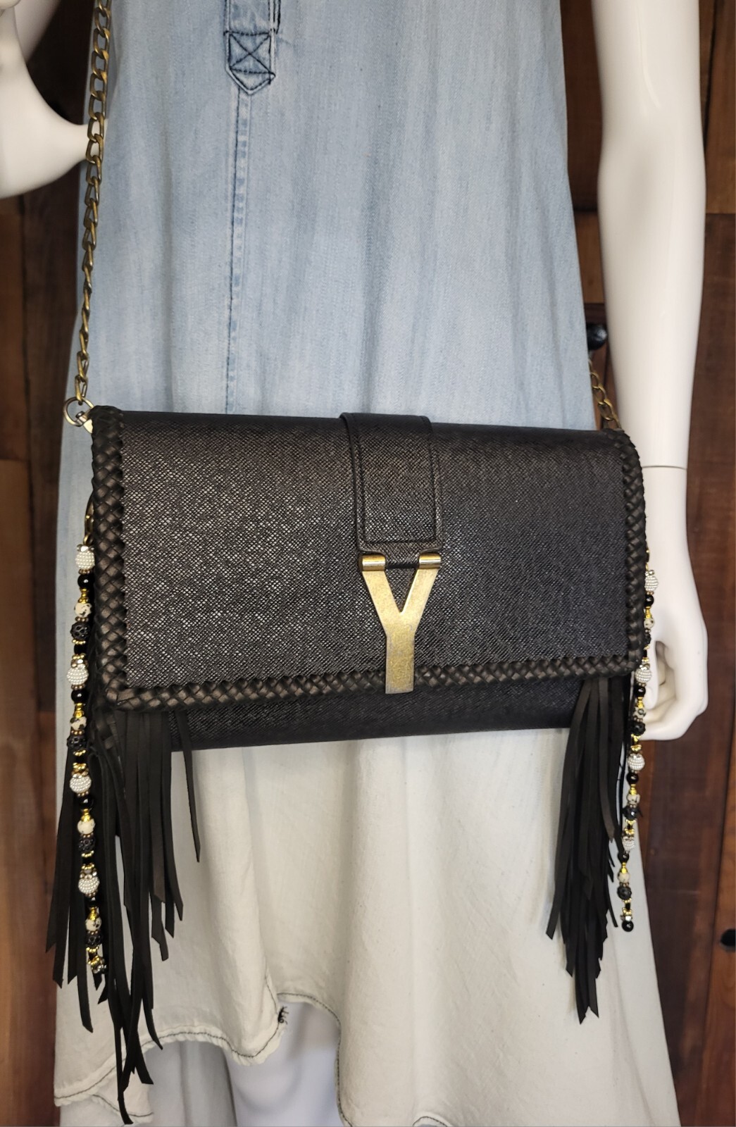 SAINT LAURENT Borsa a tracolla vintage stile boho Louis Vuitton YSL con frange