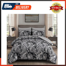 Black Paisley Comforter Set Queen Size, 7 Piece Bed in a Bag Black Gray Boho