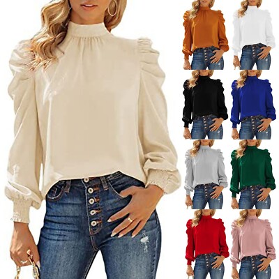 Womens Puff Long Sleeve Mock Neck Shirts Business Casual Tops Work Dressy Blouse
