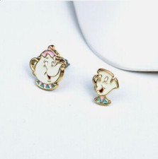 Beauty And The Beast Mrs Potts  Chip Stud Gold Enamel Earrings Disney Cute
