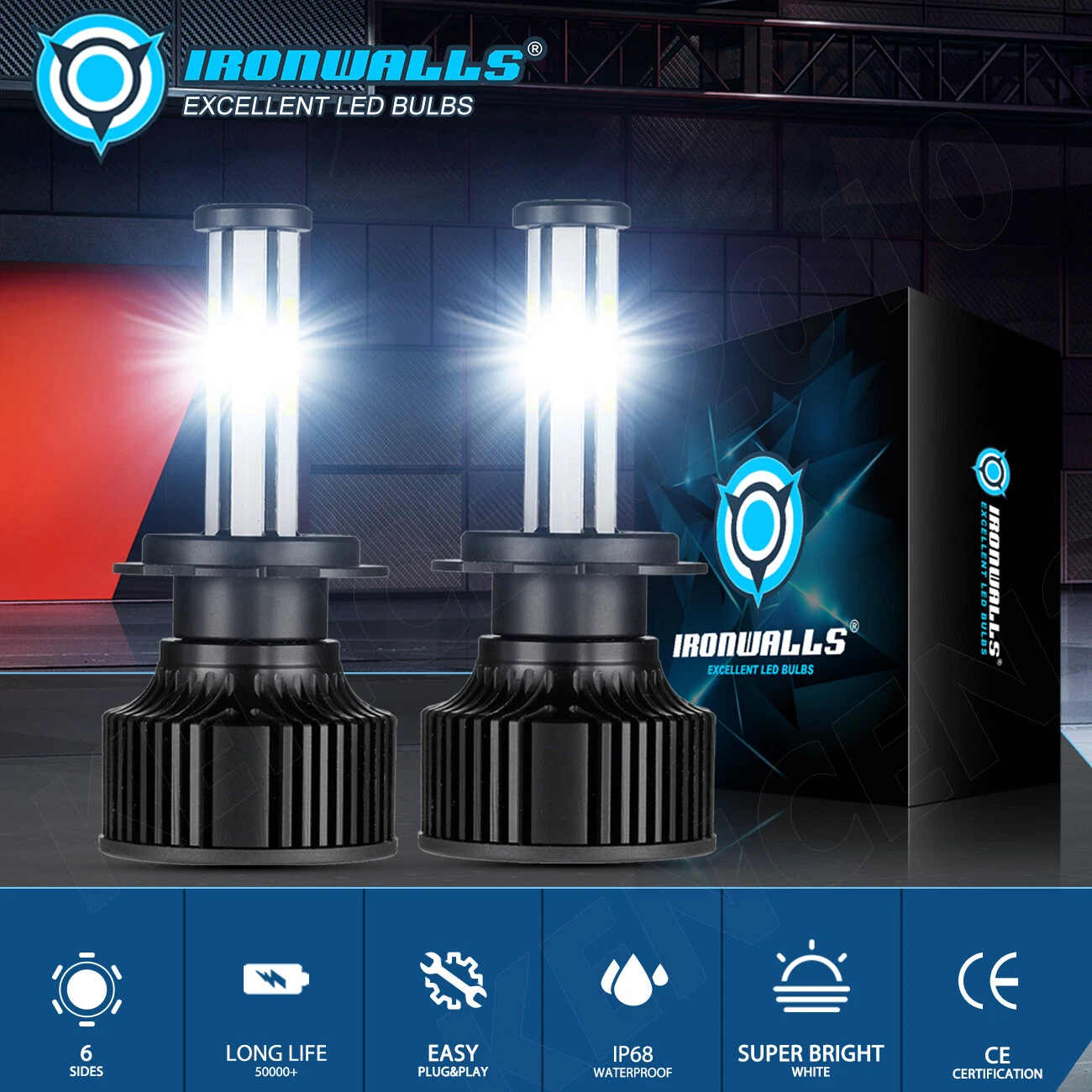6-sides H7 LED Headlight Bulbs Super Bright High/Low Beam 3000000LM 6500K White