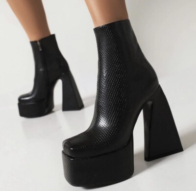 Square Toe Women High Square Heel Boots Zipper Chunky Heel Platform Black