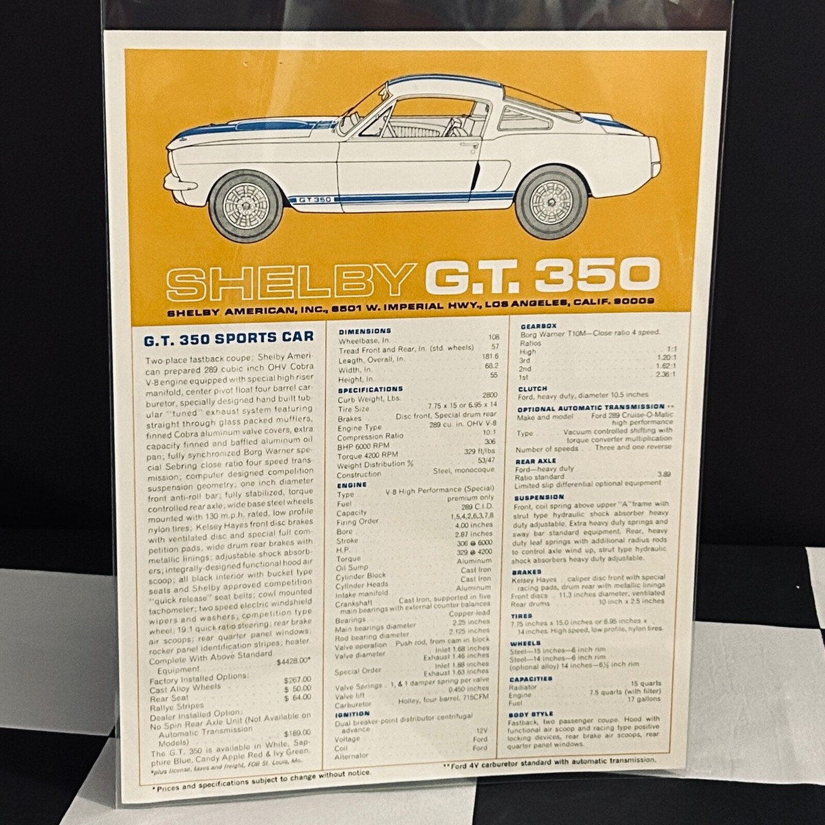 1966 FORD MUSTANG SHELBY GT 350 289 V8 ORIGINAL SPECIFICATION