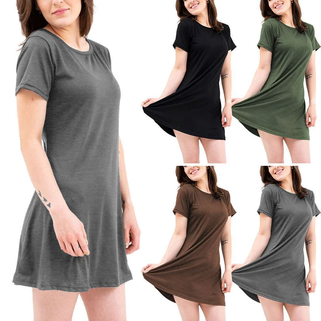 Women Sun Dresses Short Sleeve Casual T-shirt Dress Loose Summer Dress Plus  Size