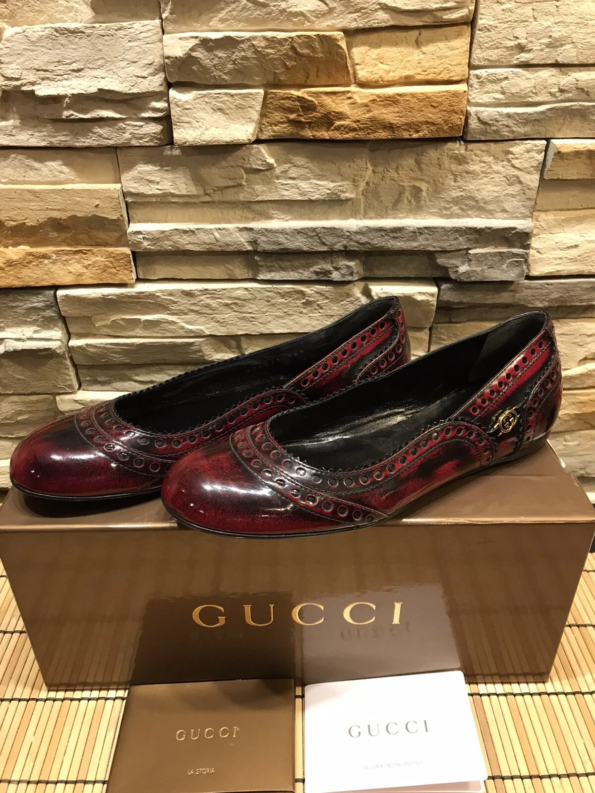 GUCCI OLD WIMBLEDON BALLET FLATS 36 1/2 LT CERISE   NOIR 226011 NEUF DANS SA BOÎTE AUTHENTIQUE
