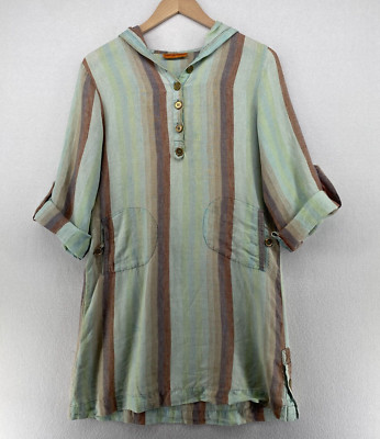 ROBERTA FREYMANN Dress M Linen Stripe Shift Popover Hoodie Roll Tab Sleeve Green