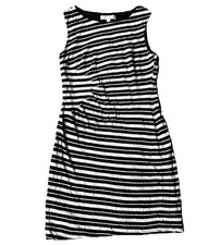 Ann Taylor Loft Dress Sz M Sheath Black White Stripes Sleeveless Round Neck Work