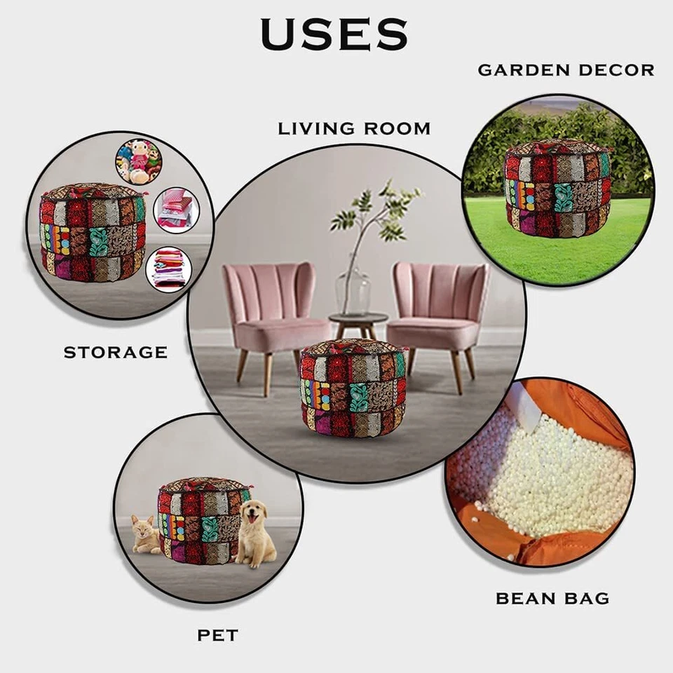 Indian Ottoman round stool pouf cover patchwork pouffe footstool cover storage - Image 2 of 4