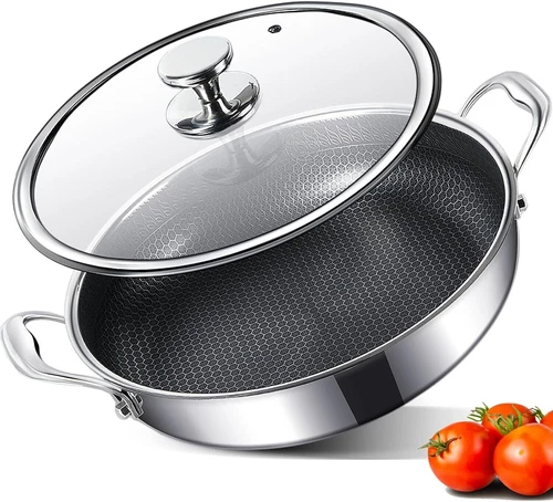 316L Stainless Steel Frying Pan-12inch Hybrid Nonstick Wok with Lid, Two Handle