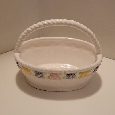 Vintage Hallmark Ceramic White Weave Floral Basket with Handle