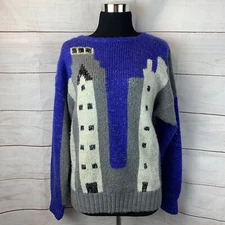 Vintage Wool Angora Sweater Pullover S Art Modern Skyscrapers Houses Skyline NYC