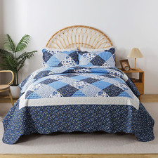 Reversible King Size Quilt Set - 3 Piece Floral Microfiber Bedding Blue & White