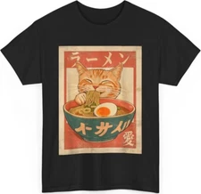 Cat Ramen Funny Japanese Vintage Graphic Tee Kawaii Anime T-Shirt