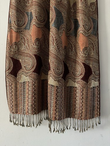 Vintage Luxury Brown Pashmina Silk Scarf Metallic Red Gold Paisley Fringe Wrap - Picture 2 of 8