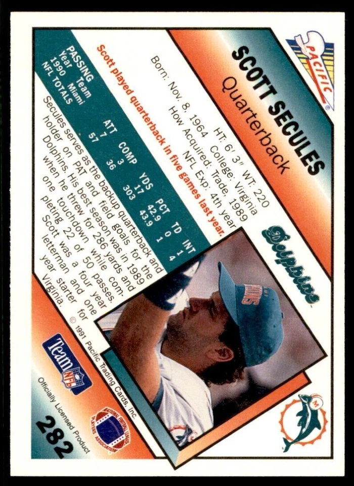 1991 Pacific. Scott Secules Rookie . Miami Dolphins #282 - Image 2 of 2