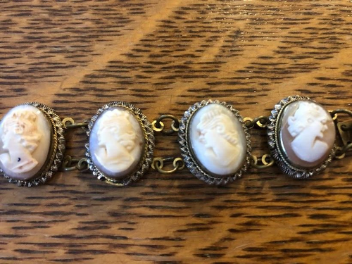 VINTAGE CAMEO BRACELET 7 SHELL CAMEOS +EARRINGS + XTRA CAMEO SIGNED GM ITALY - Picture 3 of 19