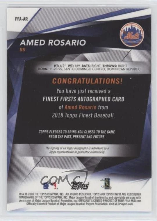 2018 Topps Finest Firsts Orange Wave Refractor /25 Amed Rosario Rookie Auto RC - Image 2 of 2