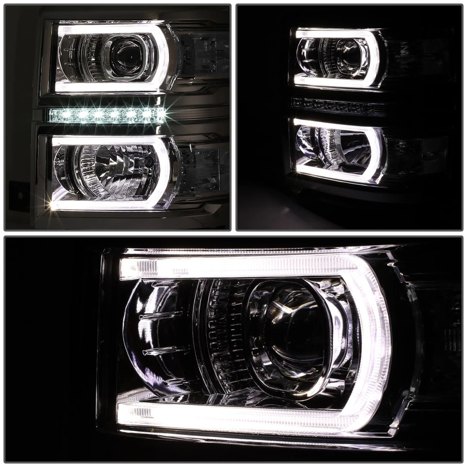 Faróis de projetor LED DRL U-Strip para Chevy Silverado 14-15 cromado par transparente - Imagem 4 de 4