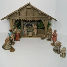 VTG Anri Karl Koult Nativity 5” Figurine Set 12 pc Plus Wooden Stable Italy