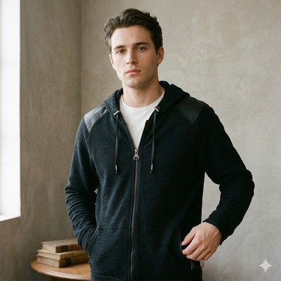 Lanvin Full Zip Hoodie Mens XL Black Leather Patch Full Zip Textured Luxury
