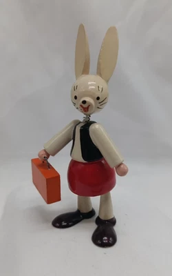 Ancienne figurine Lapin En Bois Goula Valise Tête Oscillante Made In Spain - Photo 1/4