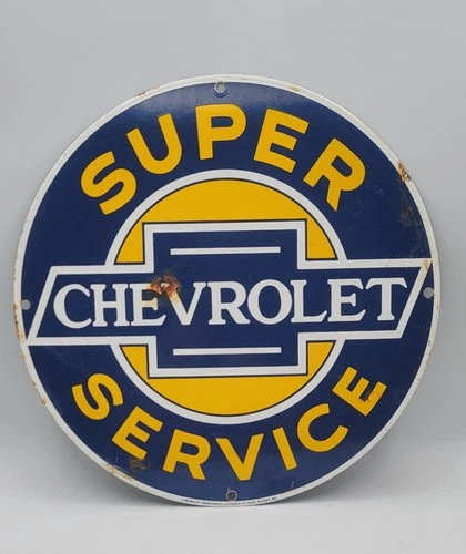 Vintage Chevrolet Super Service Rustic Porcelain Enameled Metal Sign