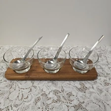 Vintage Selandia Designs Teakwood 3 Bowl & Spoon Condiment Server Set with Box