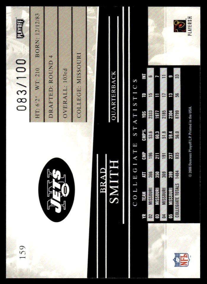 2006 Playoff Prestige Xtra Points Red Brad Smith RC * /100 Jets #159 *Noles2148* - Image 2 of 2