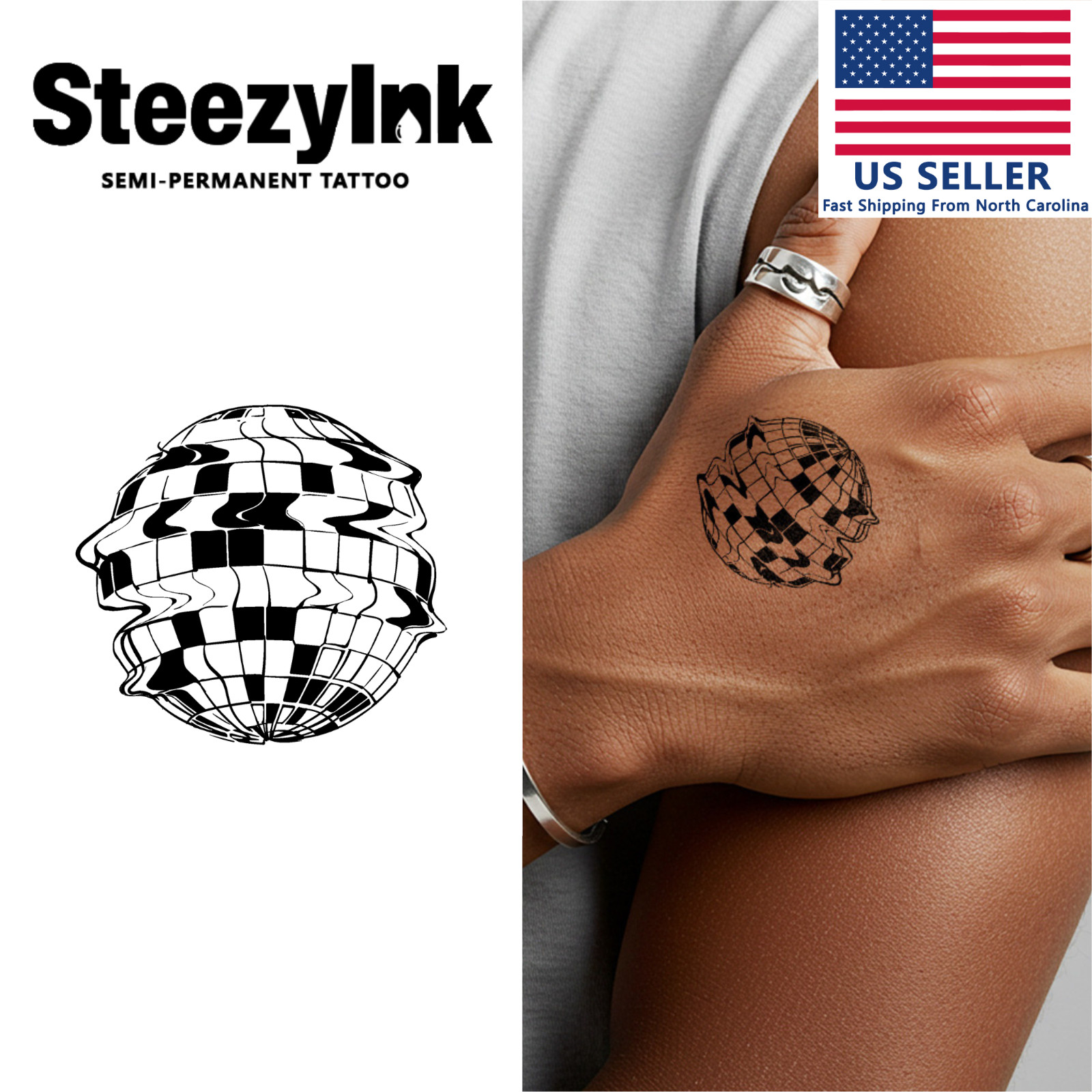 SteezyInk temporary tattoo Distorted Disco Ball v1 last upto 2 weeks 2 x 2 inch