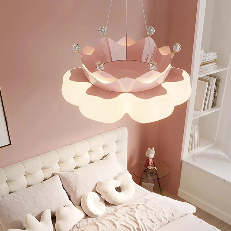 Colgante LED para habitación de princesa niñas con cristales de pétalos de corona luz atenuante de 3 colores Foto 4 de 4