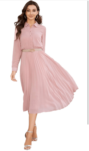 NEW Pink Career Shirt Dress Long Sleeve Pleated Midi Dress NO Belt S - Picture 6 of 6