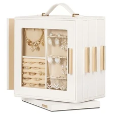 Jewelry Box 360° Rotating Organizer with Transparent Window Mirror 7 Drawers