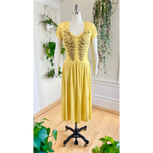 Vintage 1940s Formal Gown 40s Gold Filigree Yellow Jersey Evening Party Dress - Picture 3 of 10