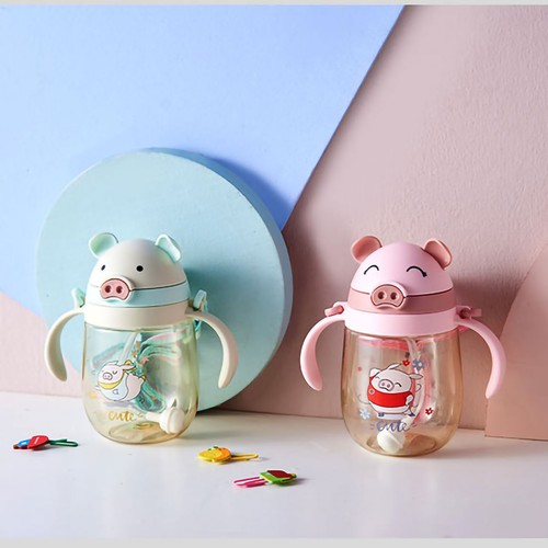 Kids Water Bottle Double Handle Plastic Straw Cup 350ml With Strap - Picture 8 of 9