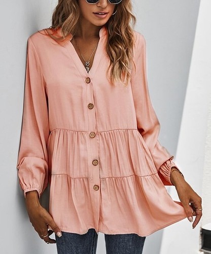Chateau Amour Womens Pink Long Sleeve Tiered Button Up Blouse Size XL NWT - Picture 2 of 10