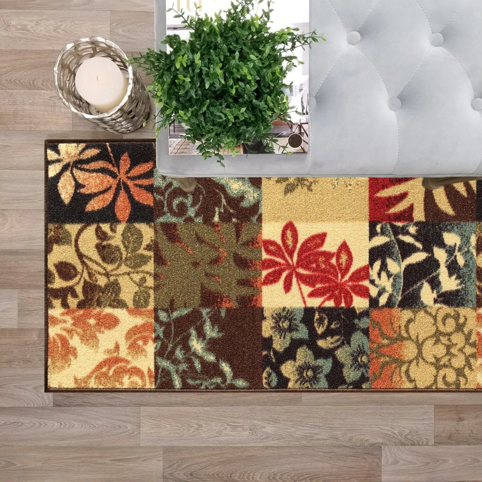 Alfombra de corredor de pasillo de escalera tamaño personalizado con respaldo de goma antideslizante marrón cajas florales Foto 2 de 4