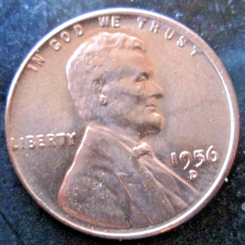 1956-D WHEAT CENT, DIE CHIP IN "9" ERROR, MS+++, RED COLOR, CIRCULATED