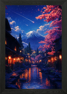 Japanische Nachtszene Fuji gerahmtes Wandbild Poster Leinwanddruck Bild